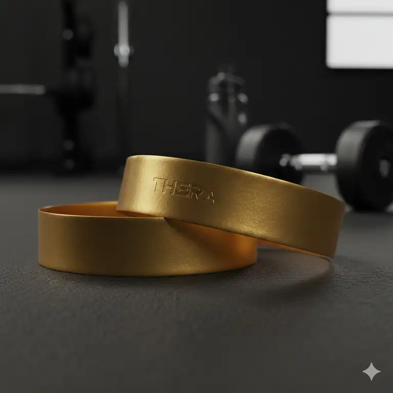 A close-up shot of the Thera Gold Band, highlighting its texture and metallic sheen for resistance training.