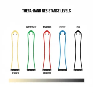 Illustration showing different colored Thera-tubing bands, each representing a distinct resistance level for progressive exercise.