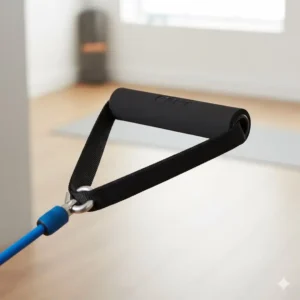 Close-up view of the ergonomic handle and secure carabiner attachment on a quality workout tube.