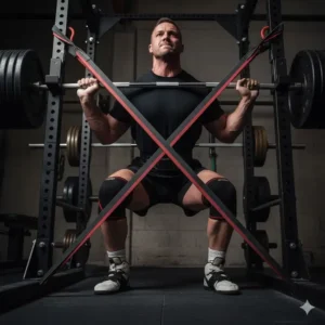 Athlete performing a squat with powerlifting bands attached to the barbell for accommodating resistance.