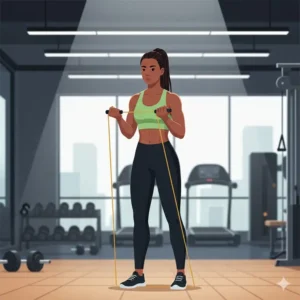 Woman performing bicep curls using the Thera Gold Band for effective arm muscle resistance.