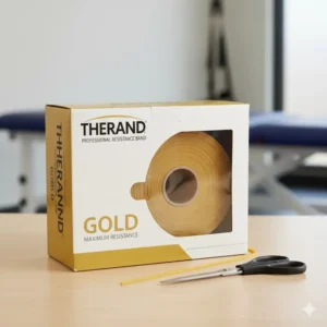 Close-up of a new Theraband Gold bands roll in its dispenser, ready to be cut.