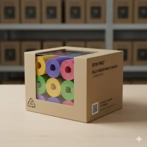 Durable, compact packaging for bulk resistance bands, showing how they are bundled for efficient shipping and storage.