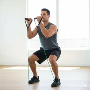 Athlete demonstrating a curl-squat-press using the Lifeline resistance cable for a dynamic full-body exercise.