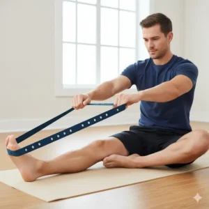 Man using a thera strap to perform a seated calf stretch, targeting relief for plantar fasciitis and Achilles tendonitis.
