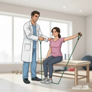 An illustration of a patient using a Thera-tubing band with a physical therapist for rehabilitation exercises.