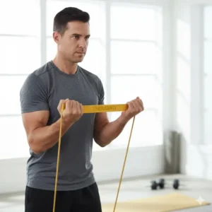 A person demonstrating a bicep curl exercise using the high-level Theraband Gold bands for arm strength training.