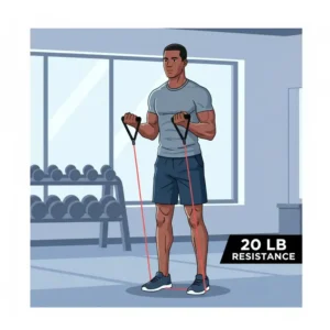 Man performing a bicep curl using a single 20 lb resistance bands for effective arm strength training.