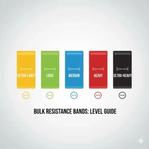 A visual guide illustrating the different resistance levels available when buying bulk exercise bands, from light to heavy tension.