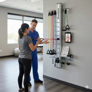 Patient performing a shoulder external rotation exercise using the resistance tubing on the TheraBand wall station.