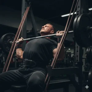 Barbell set up for a bench press using powerlifting bands to increase resistance at the top of the lift.