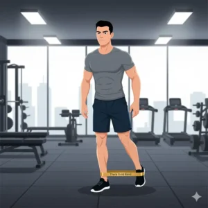 Man demonstrating a standing glute kickback exercise with the Thera Gold Band looped around his ankles.