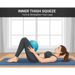 Performing an inner thigh strengthening exercise by squeezing the small Theraband Pilates Ball between the knees.
