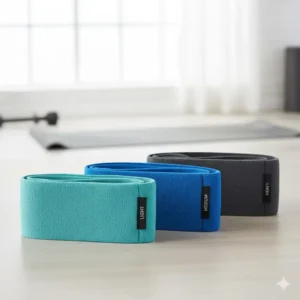 A display showing a set of three wide exercise bands in varying colors, indicating light, medium, and heavy resistance.
