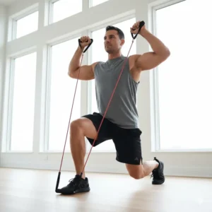 A person performing a challenging lunge press while standing on the Lifeline resistance cable to strengthen the lower body and shoulders.