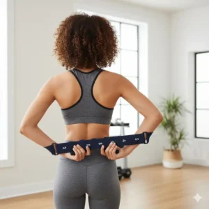 Woman holding a thera strap behind her back for a shoulder internal rotation stretch, improving shoulder mobility and range of motion.