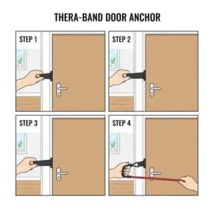 Diagram illustrating how to properly secure a Thera-tubing band with a door anchor for various home workouts.
