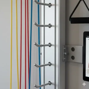Close-up of the TheraBand wall station's central column, highlighting the adjustable sliding hooks for resistance tubing.