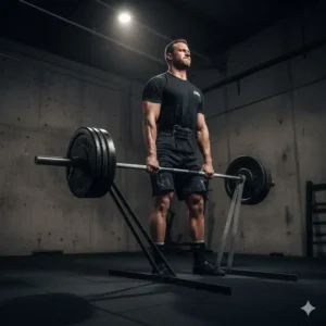 Lifter preparing to deadlift while standing on a pair of powerlifting bands for variable tension.