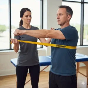Physical therapist demonstrating a therapeutic shoulder external rotation with a Theraband Gold bands to improve rotator cuff stability.