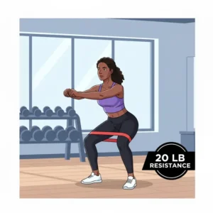 Woman doing squats with a loop-style 20 lb resistance bands positioned above the knees for lower body activation.