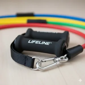Close-up shot of the comfortable triple-grip handle for the Lifeline resistance cable, highlighting the cable's secure connection.