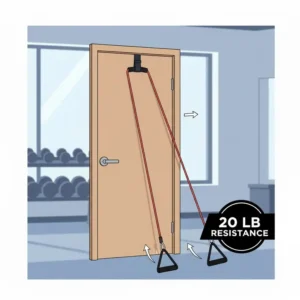 Diagram showing the correct setup of a door anchor with 20 lb resistance bands for chest presses or rows.