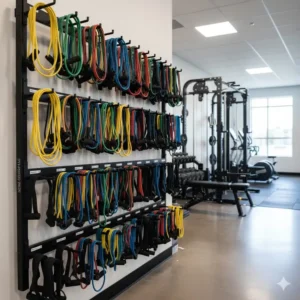Bulk exercise bands neatly organized on a rack in a commercial gym setting, demonstrating their practical use as gym equipment.