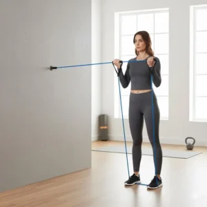 Proper form for a standing overhead shoulder press exercise utilizing workout tubes for upper body strength.