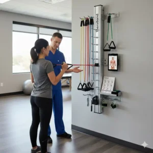 Athlete doing a hip abduction exercise with the resistance band attached to the wall station for lower body strength training.