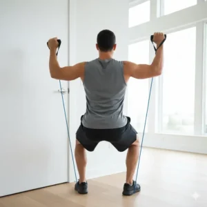 Trainer performing a squat press facing away from the door anchor, using the Lifeline resistance cable to build leg and core strength.
