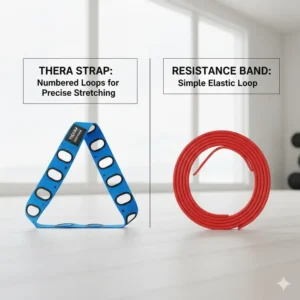Side-by-side comparison illustrating the difference between a traditional resistance band and a thera strap with numbered loops for precise stretching.
