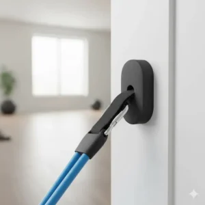 The portable door anchor attachment, essential for securing workout tubes to a doorway for various pulling and pushing exercises.