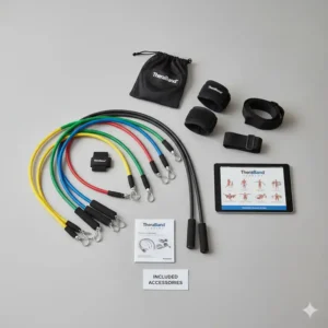All included accessories with the TheraBand wall station, such as exercise handles, door anchor, and color-coded resistance tubing.