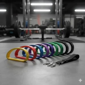 A variety of loop powerlifting bands laid out, clearly displaying the different colors and thicknesses that correspond to resistance.