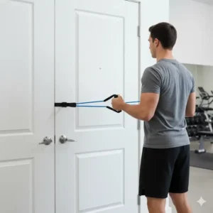 A clear setup showing how to use bulk resistance bands with a door anchor for upper body exercises.