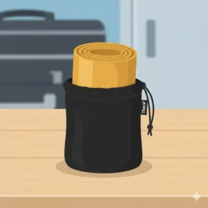 The compact Thera Gold Band rolled up and placed neatly inside its travel-friendly carrying pouch.