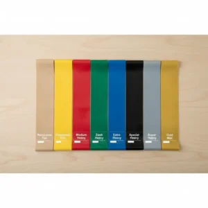Comparative display of the different Theraband colors, showing the Theraband Gold bands as the highest resistance level.