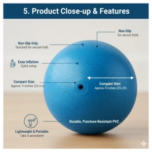 Detailed view of the non-slip surface and small size of the official Theraband Pilates Ball.