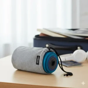 The small, lightweight carrying bag with a rolled-up set of wide exercise bands, emphasizing their portability for travel.