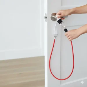 Step-by-step image of securely setting up the door attachment for the Lifeline resistance cable for versatile home workouts.