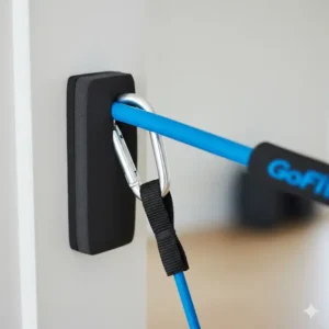 Focus on the connection point between the metal clip and door anchor for gofit resistance bands reviews.