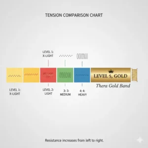 Diagram illustrating the different resistance levels available, with the Thera Gold Band representing the highest or "gold" tension.