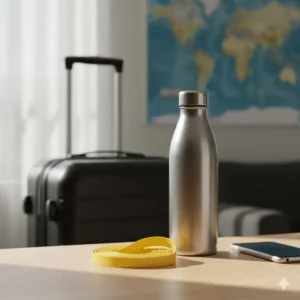 A rolled-up Theraband Gold bands placed next to a water bottle, emphasizing its convenience as portable fitness equipment.