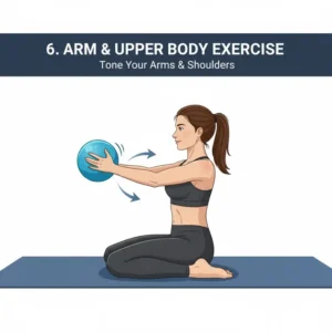 A seated exercise with the Theraband Pilates Ball held in both hands, performing a chest press to tone the arms.