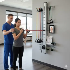 Physical therapist instructing a client on the proper form for a chest press using the TheraBand wall station for effective rehabilitation.