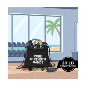 A compact travel bag containing 20 lb resistance bands and accessories, emphasizing their portability for fitness on the go.