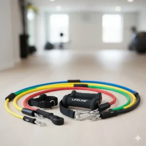Color-coded assortment of Lifeline resistance cable showing different resistance levels, from light (10lb) to heavy (100lb).