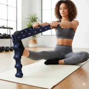 A portable thera strap neatly rolled up next to a water bottle, emphasizing its light weight and ease of travel for on-the-go therapy.