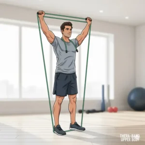 Illustration demonstrating a person performing an overhead triceps extension using a Thera-tubing band for upper body strength.